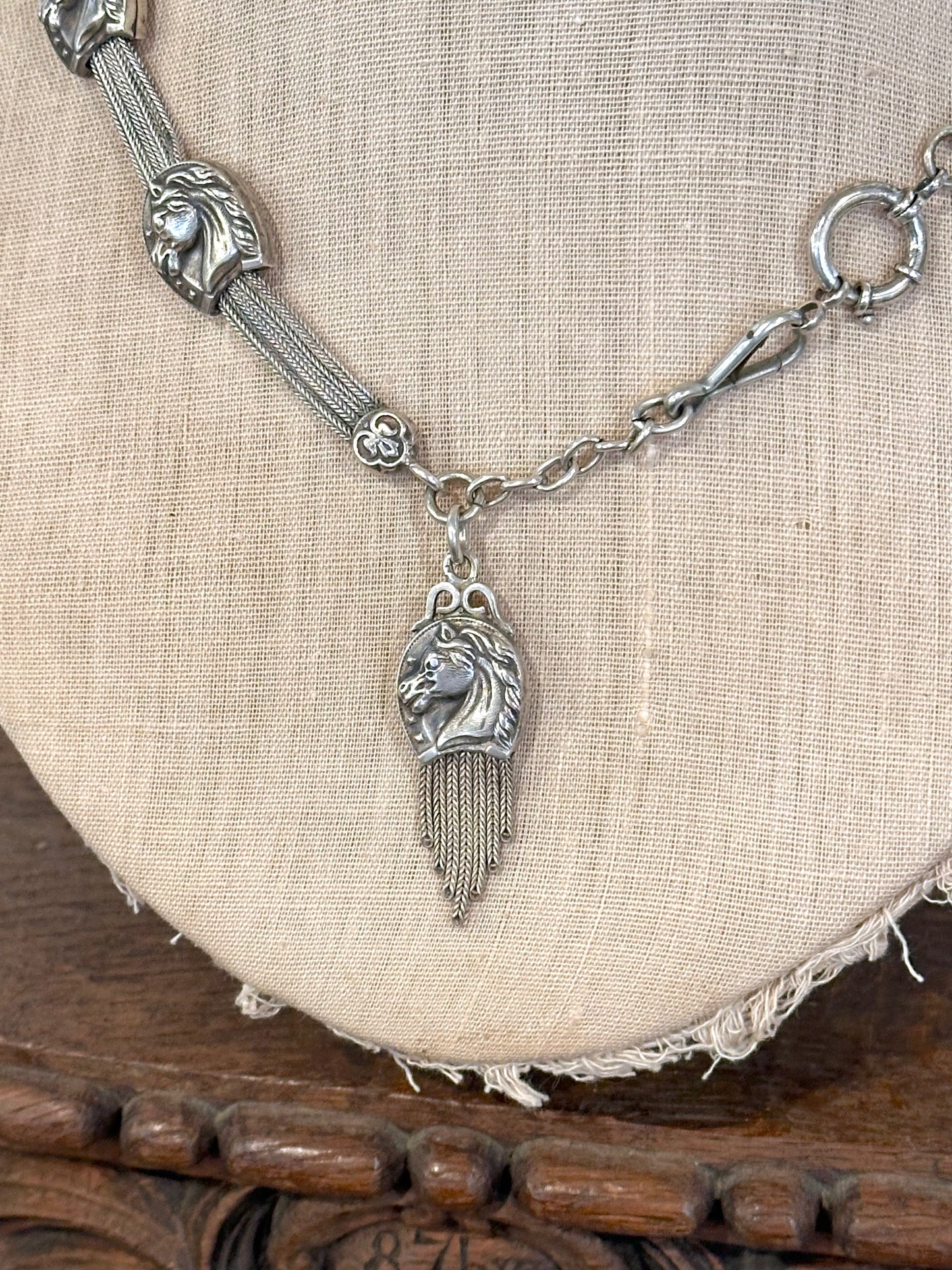 Antique French Silver Necklace With Horse Watch Chain Sliders And Fob