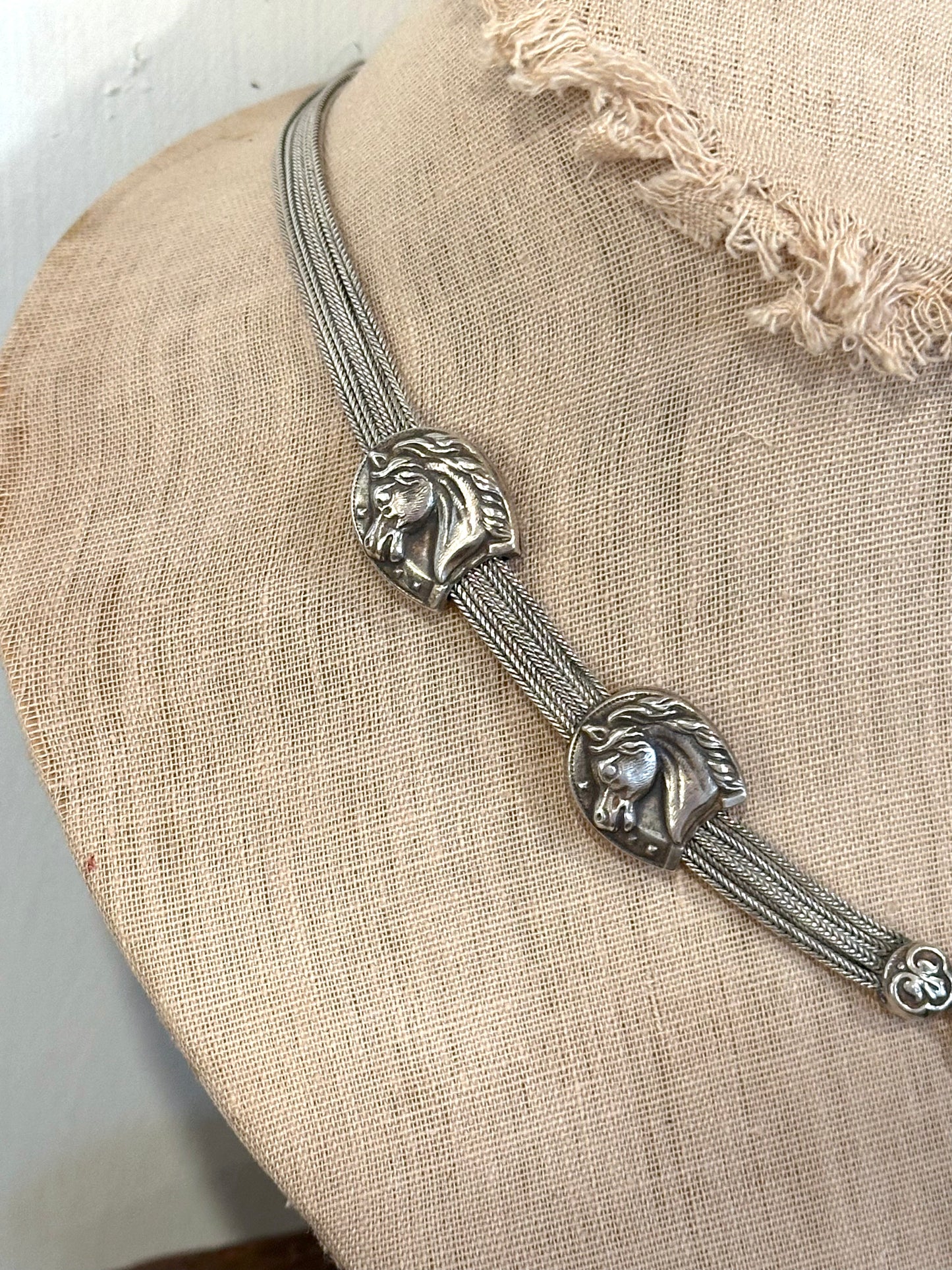 Antique French Silver Necklace With Horse Watch Chain Sliders And Fob