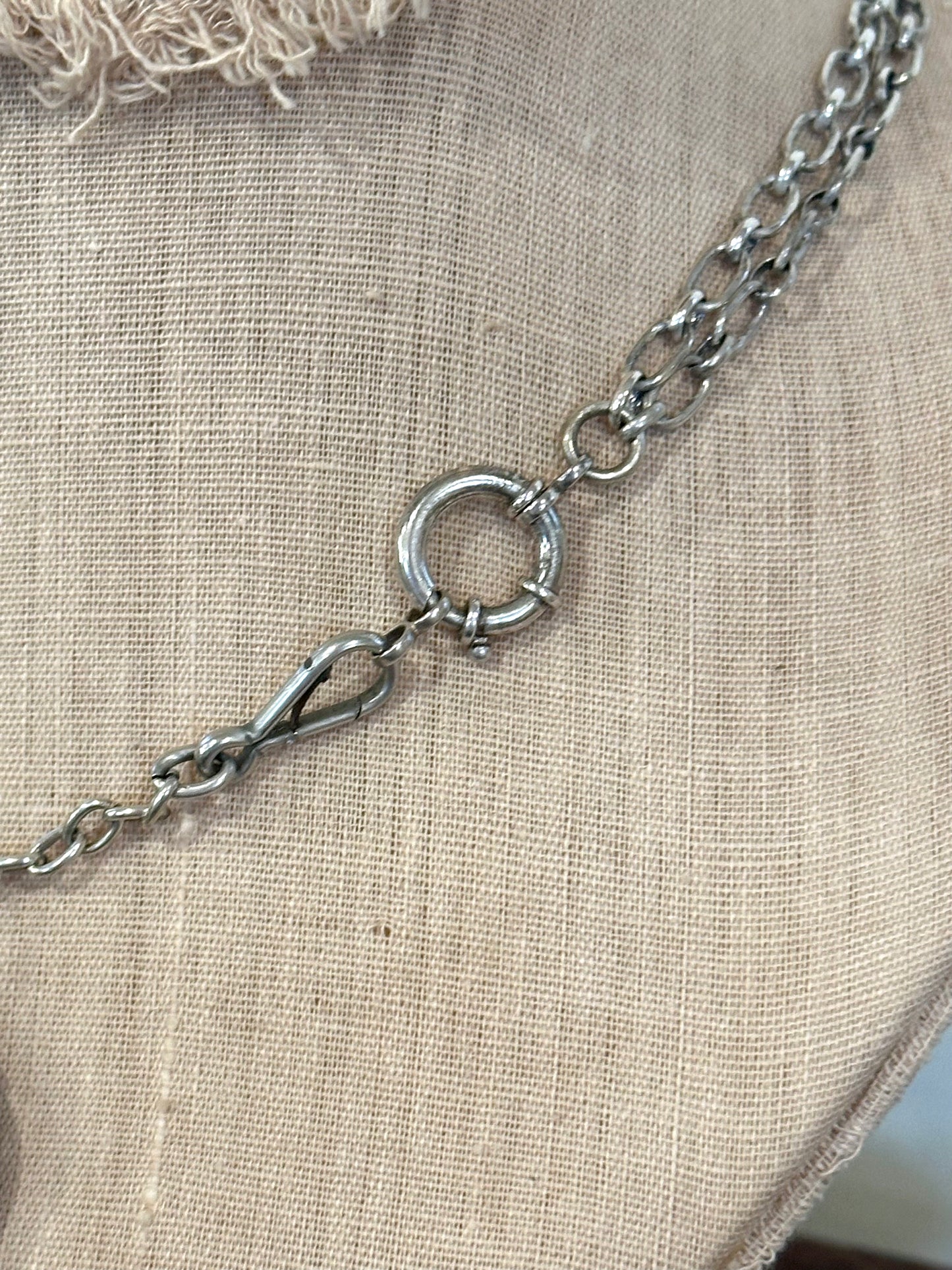 Antique French Silver Necklace With Horse Watch Chain Sliders And Fob