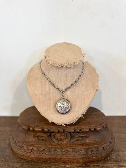 Antique French Silver Necklace With Mirror Compact Locket