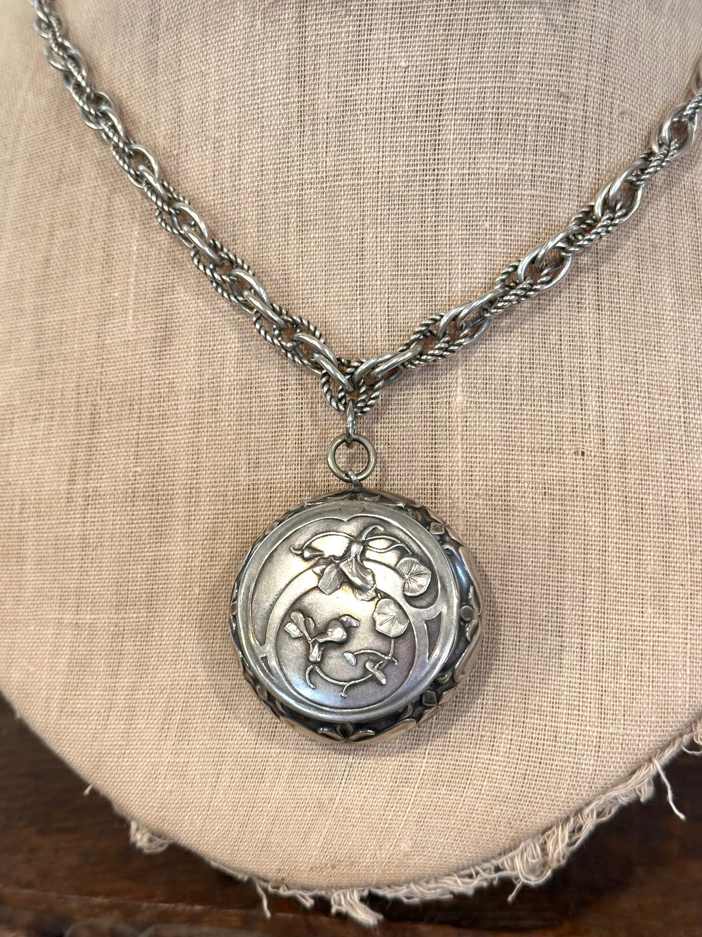 Antique French Silver Necklace With Mirror Compact Locket