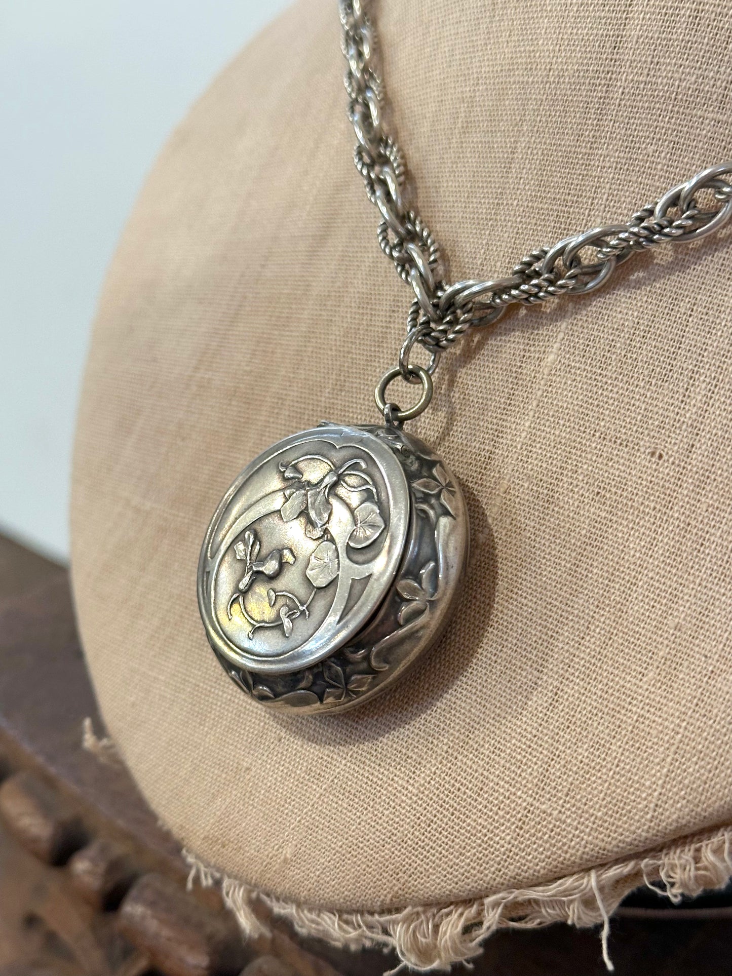 Antique French Silver Necklace With Mirror Compact Locket