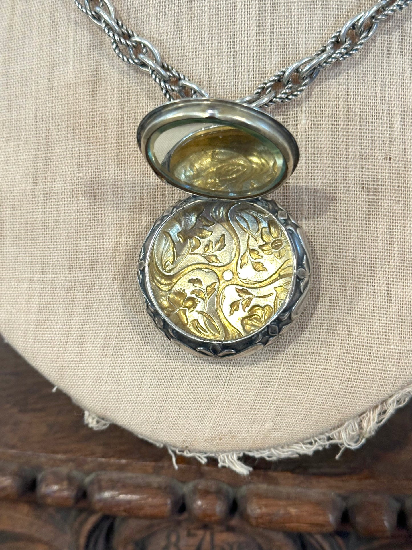 Antique French Silver Necklace With Mirror Compact Locket