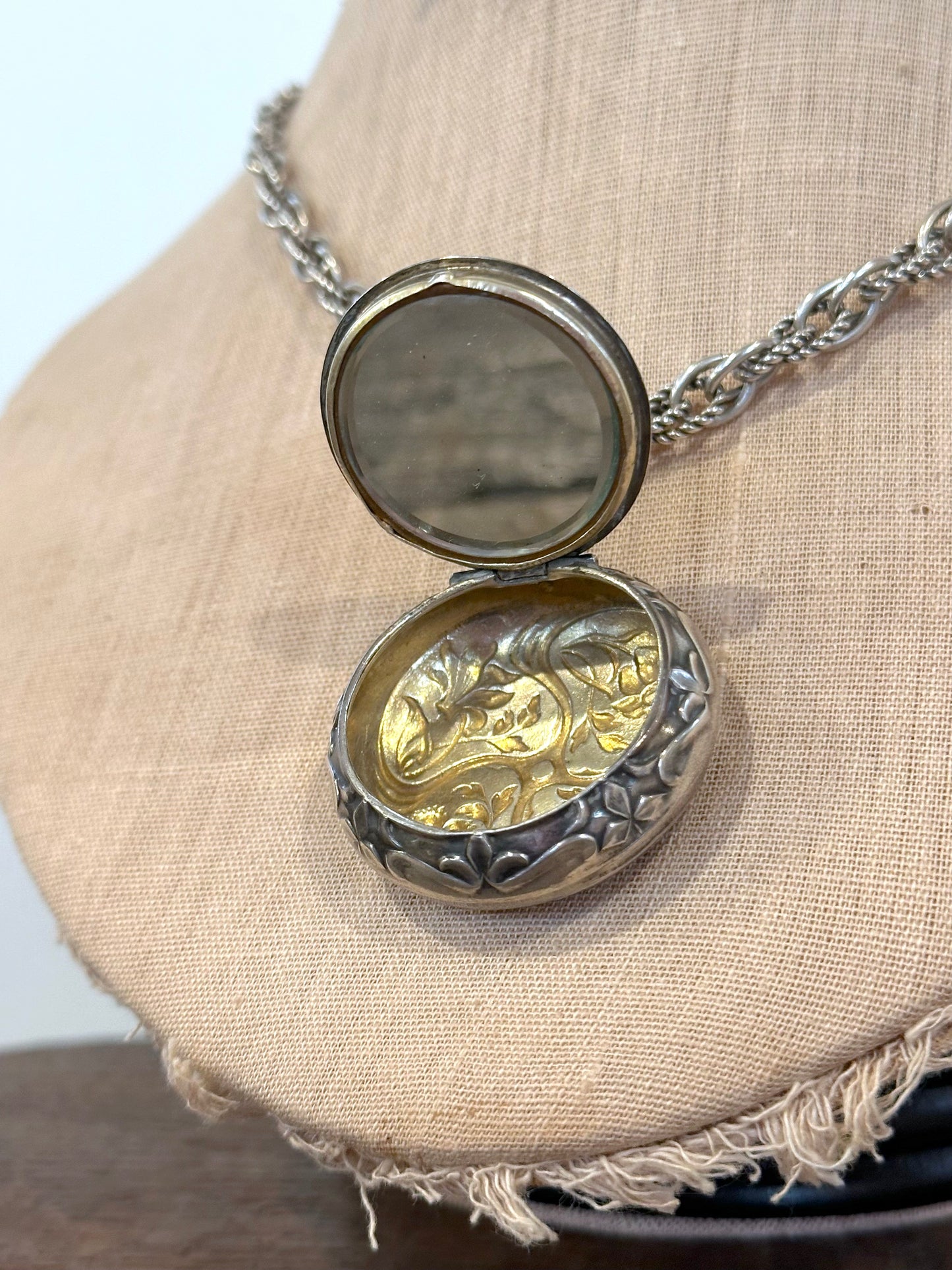 Antique French Silver Necklace With Mirror Compact Locket