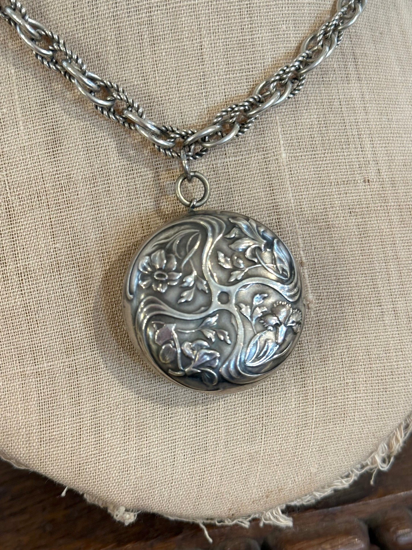 Antique French Silver Necklace With Mirror Compact Locket