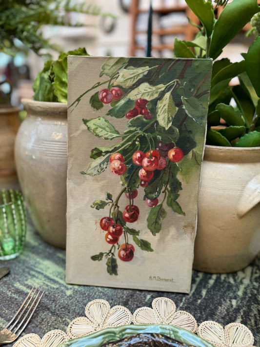 Vintage European Cherry Branch Painting