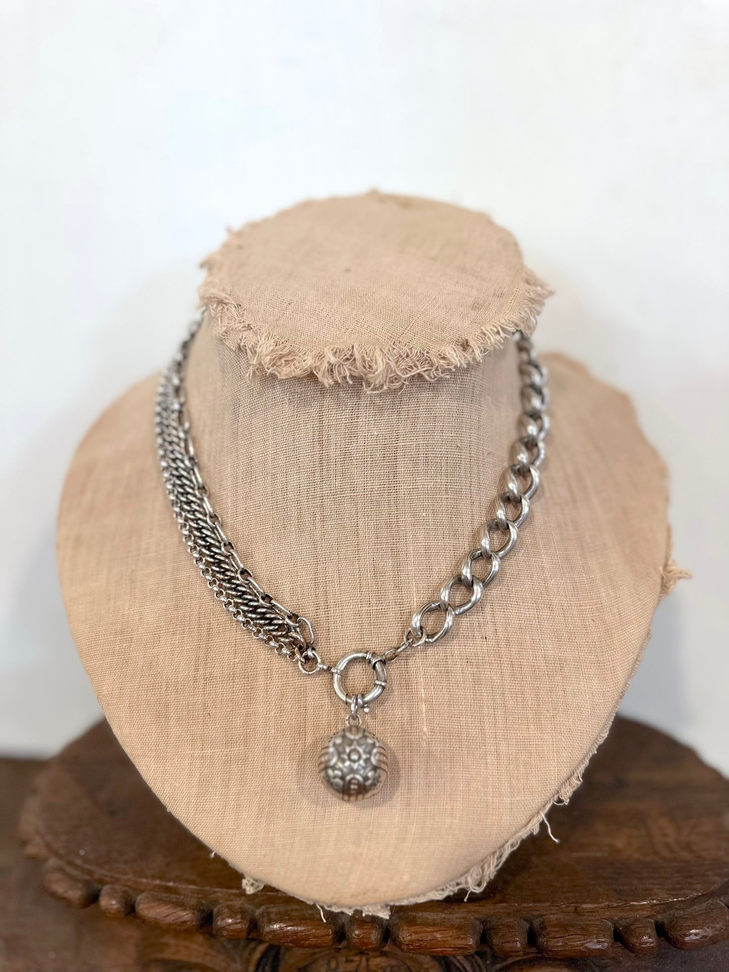 Antique French Ornate Silver Necklace With Rose Gold Plated Details
