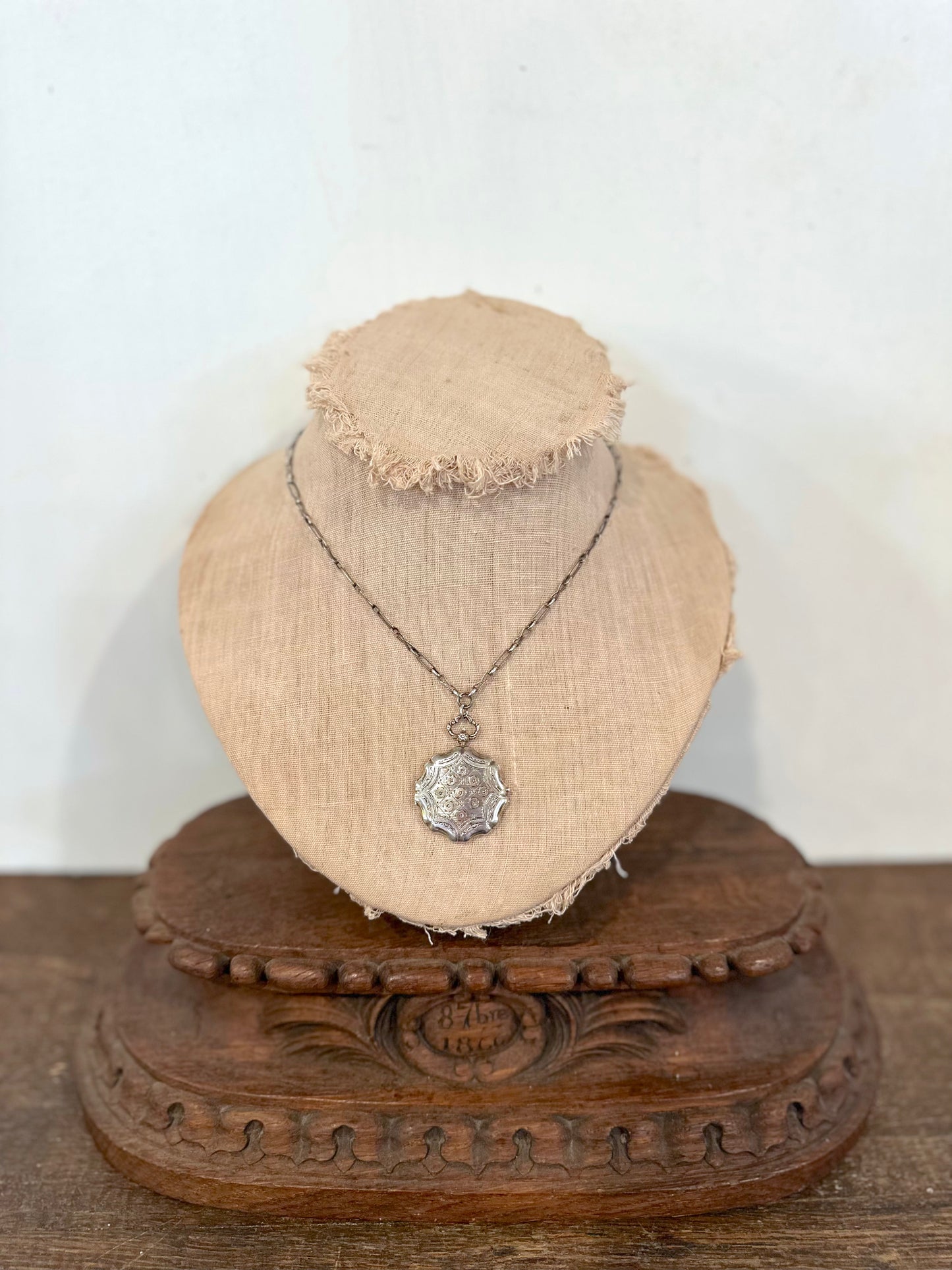 Antique French Silver Necklace With Ornate Fob Style Locket