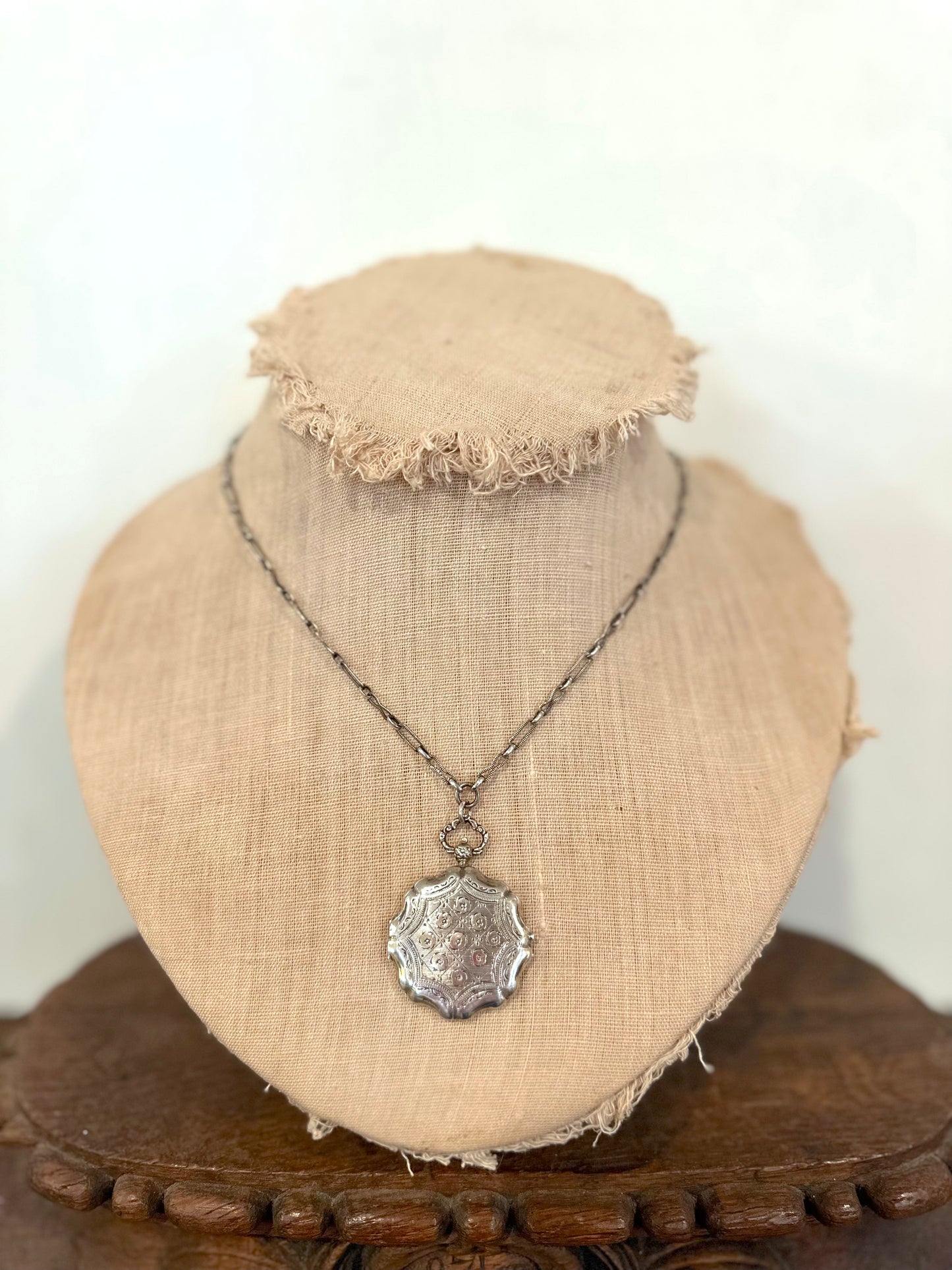 Antique French Silver Necklace With Ornate Fob Style Locket