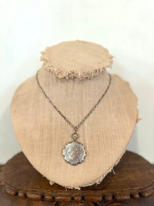 Antique French Silver Necklace With Ornate Fob Style Locket
