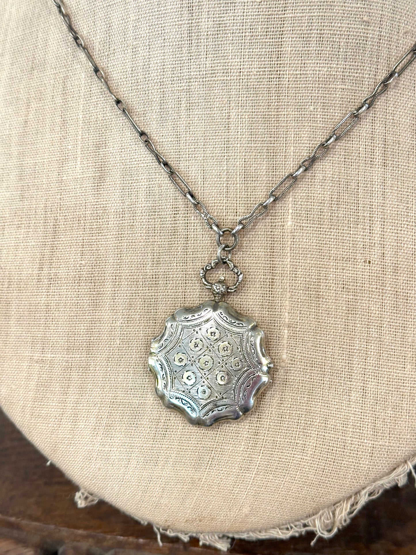 Antique French Silver Necklace With Ornate Fob Style Locket