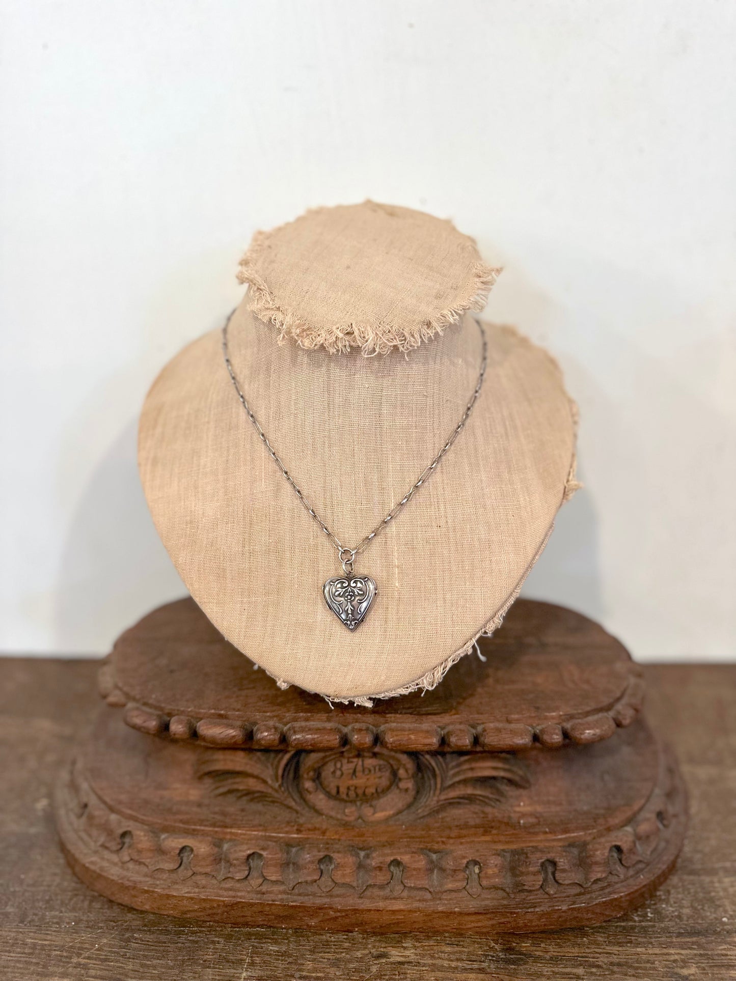 Antique French Silver Necklace Floral Heart Locket