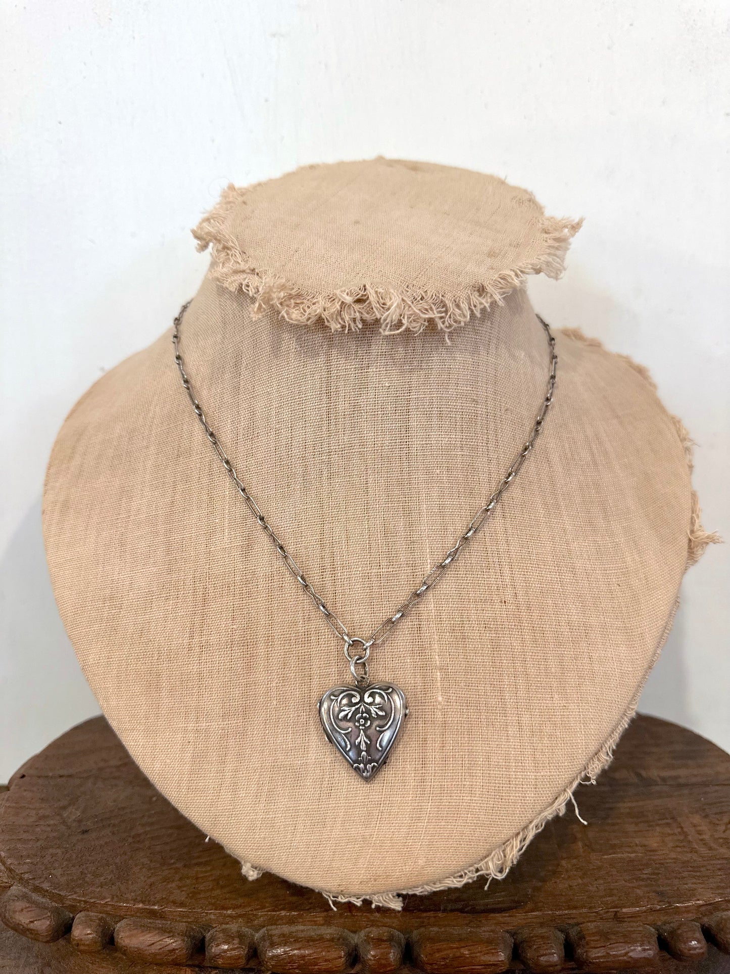 Antique French Silver Necklace Floral Heart Locket