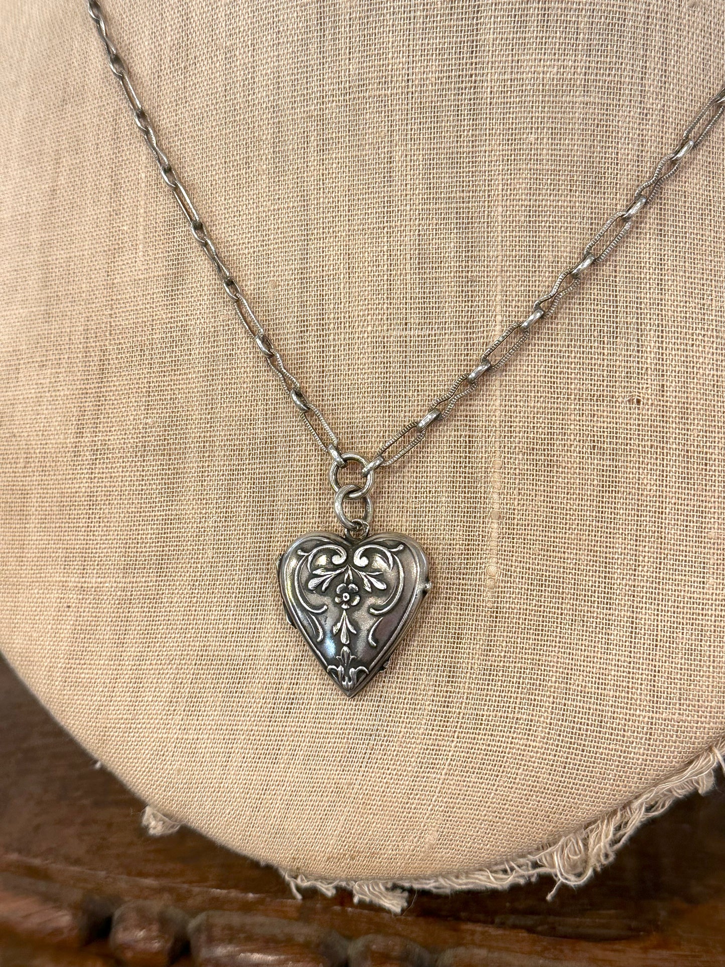 Antique French Silver Necklace Floral Heart Locket
