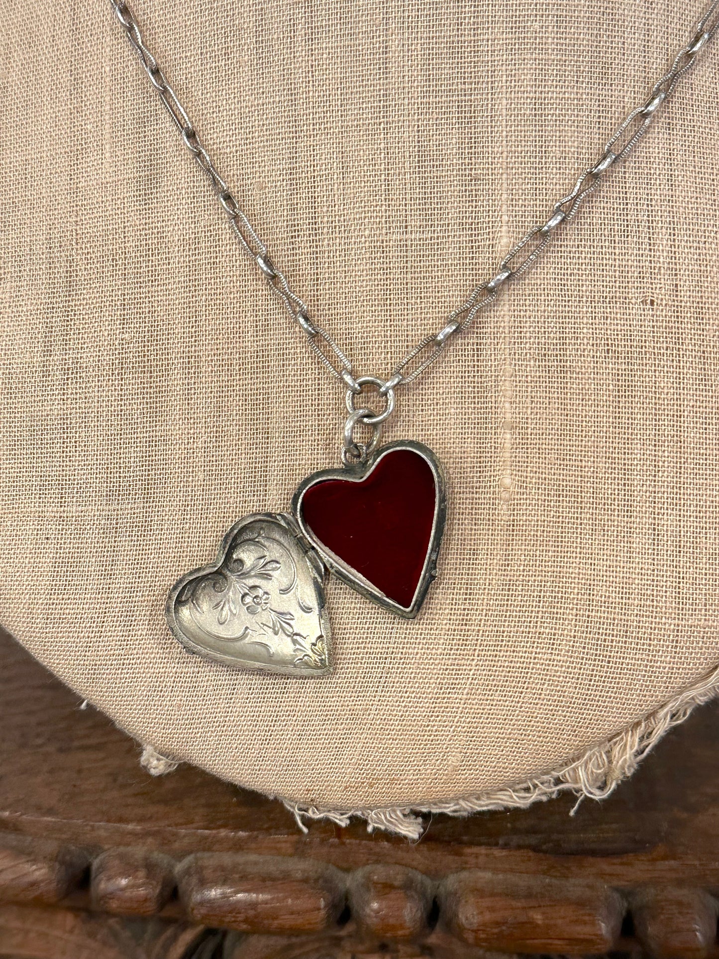 Antique French Silver Necklace Floral Heart Locket