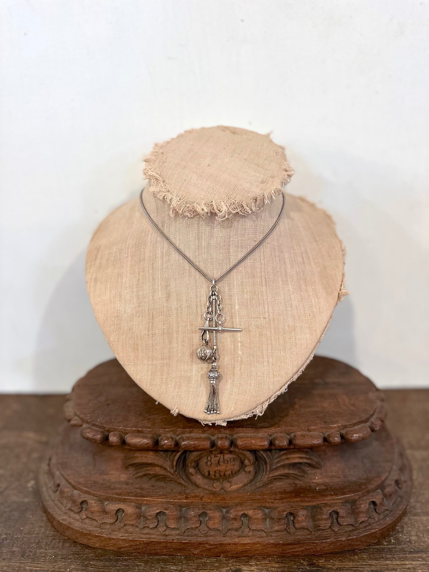 Antique French Silver Necklace With Fob Ball And Tassel Charms