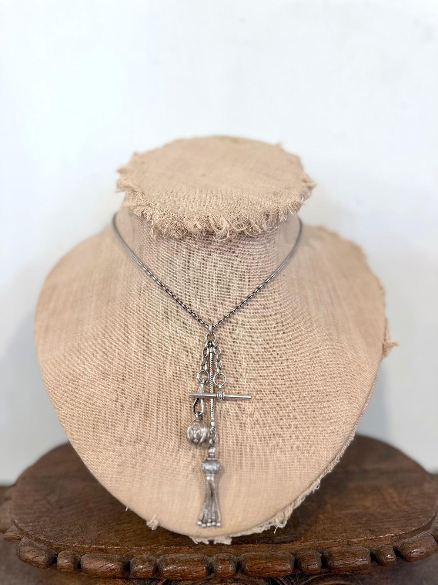 Antique French Silver Necklace With Fob Ball And Tassel Charms