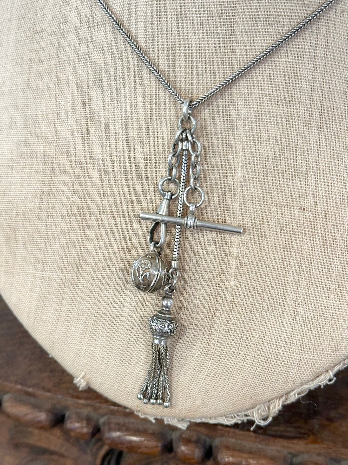 Antique French Silver Necklace With Fob Ball And Tassel Charms