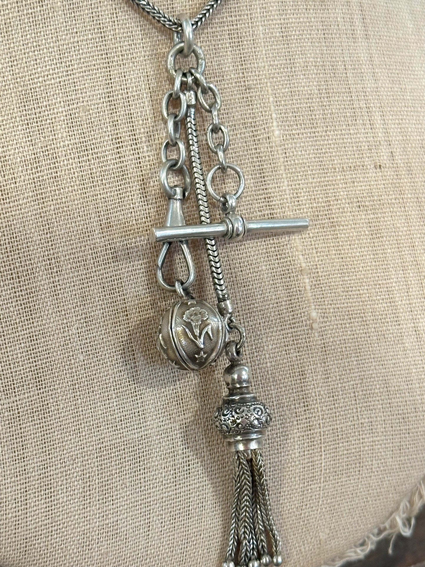 Antique French Silver Necklace With Fob Ball And Tassel Charms