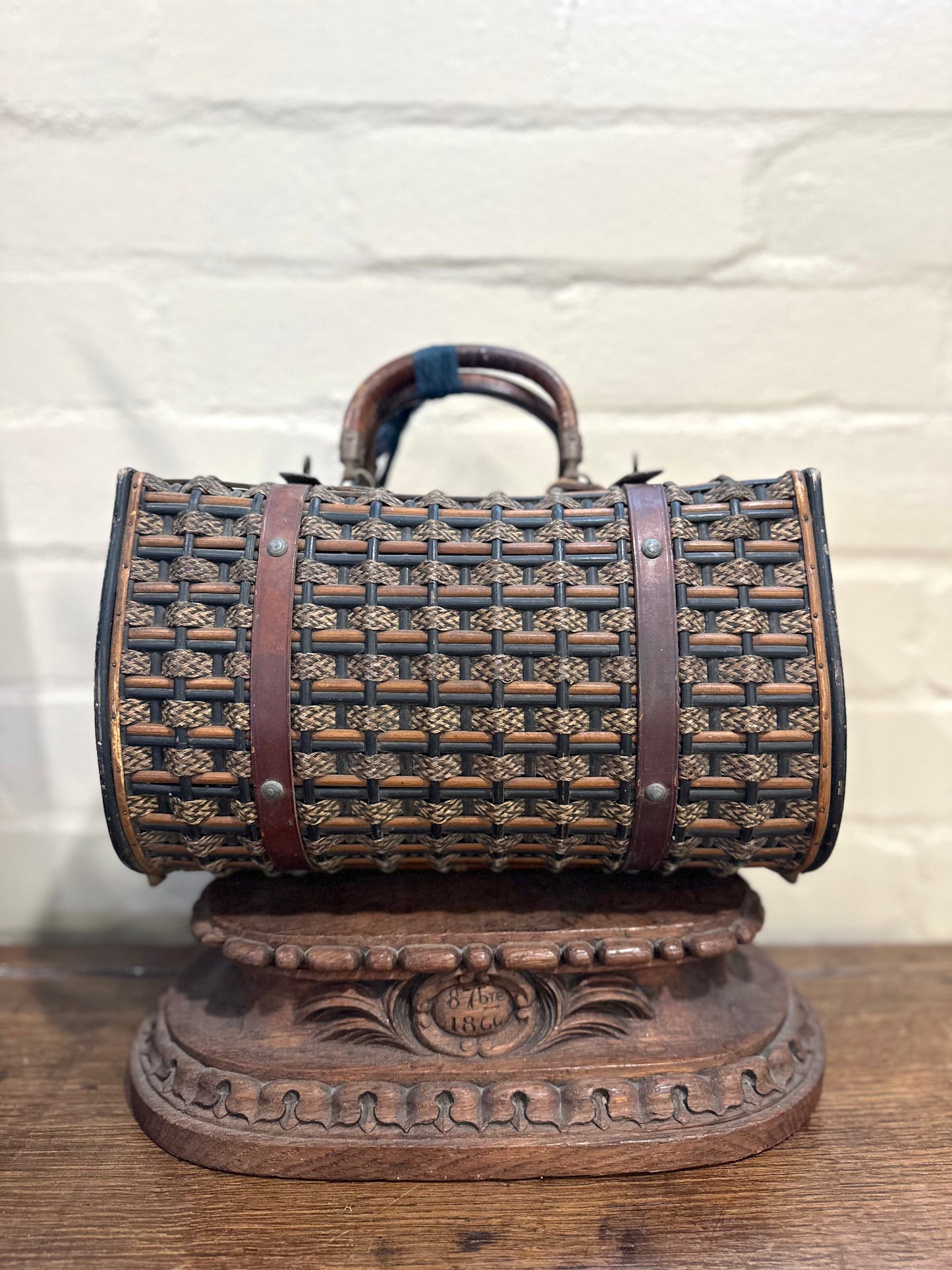 Antique French Large Woven Basket With Leather Straps