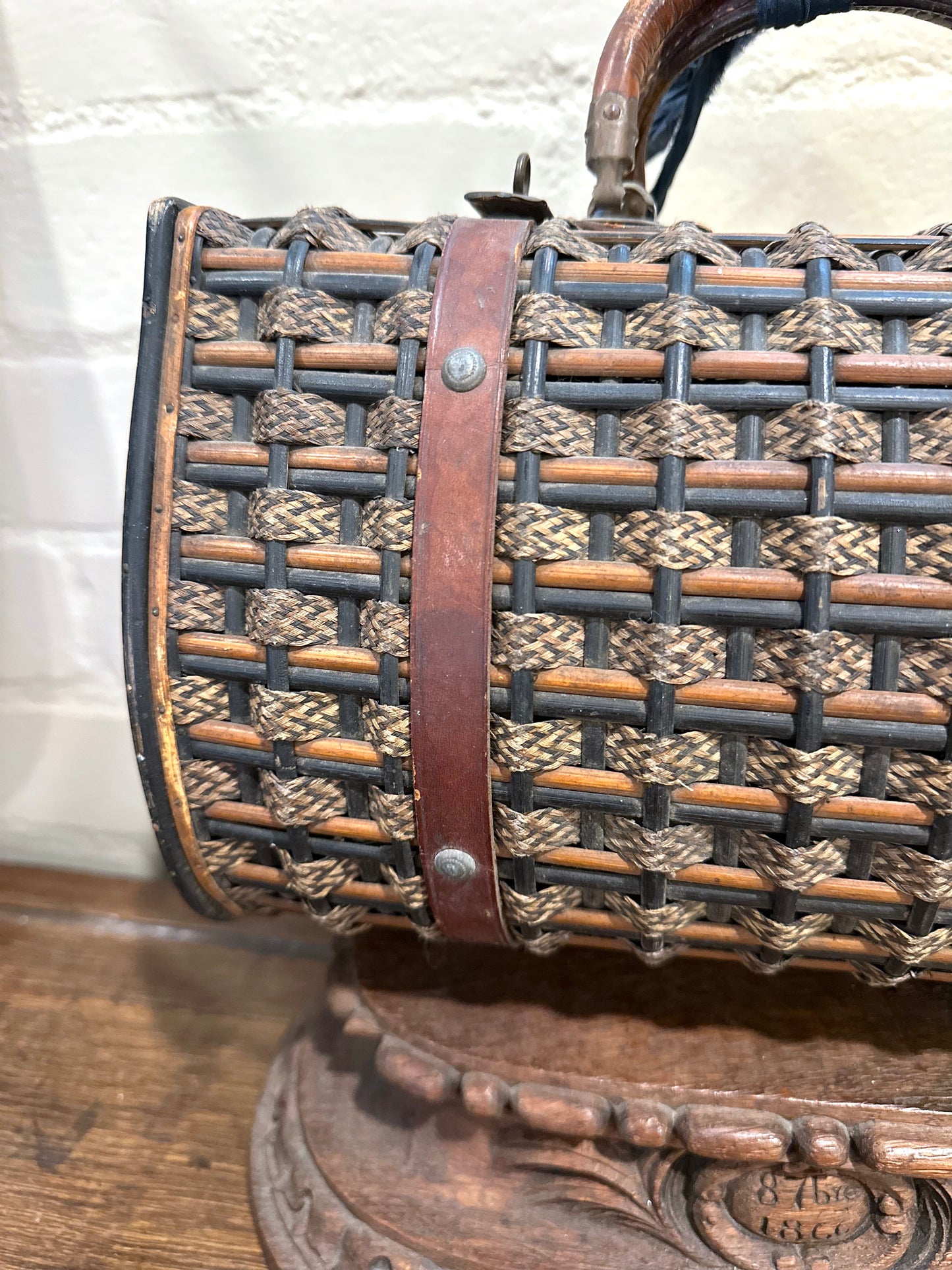 Antique French Large Woven Basket With Leather Straps
