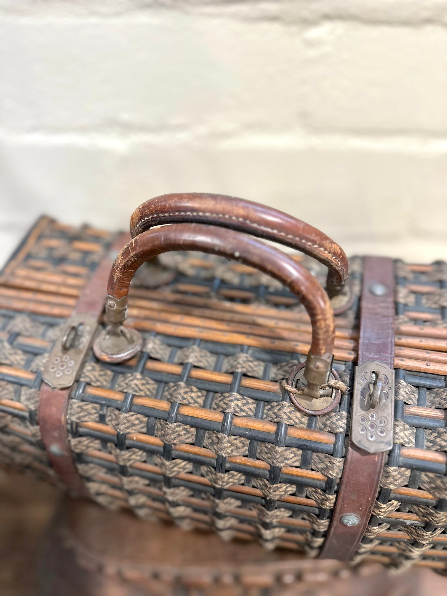 Antique French Large Woven Basket With Leather Straps