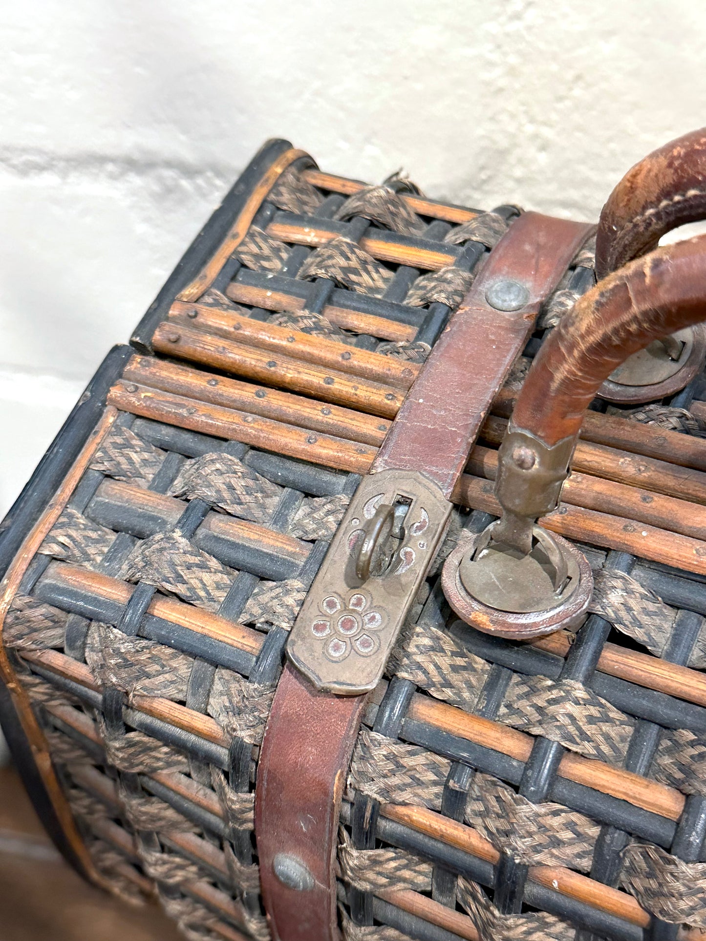 Antique French Large Woven Basket With Leather Straps