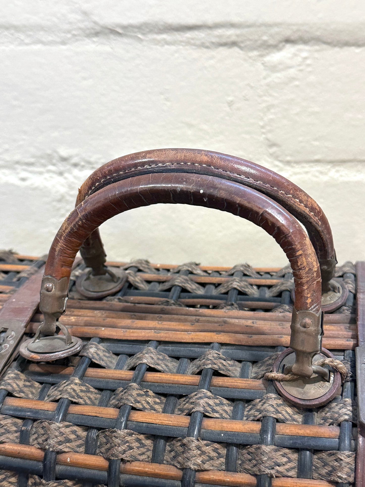 Antique French Large Woven Basket With Leather Straps