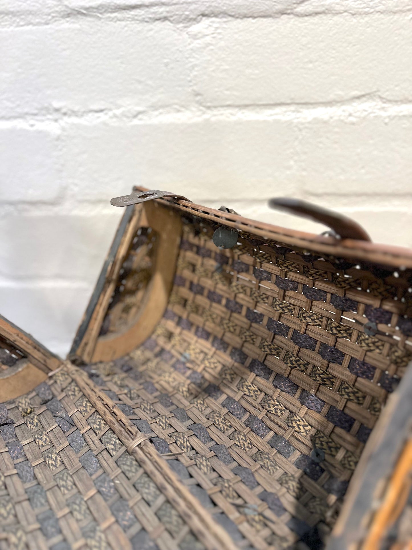 Antique French Large Woven Basket With Leather Straps