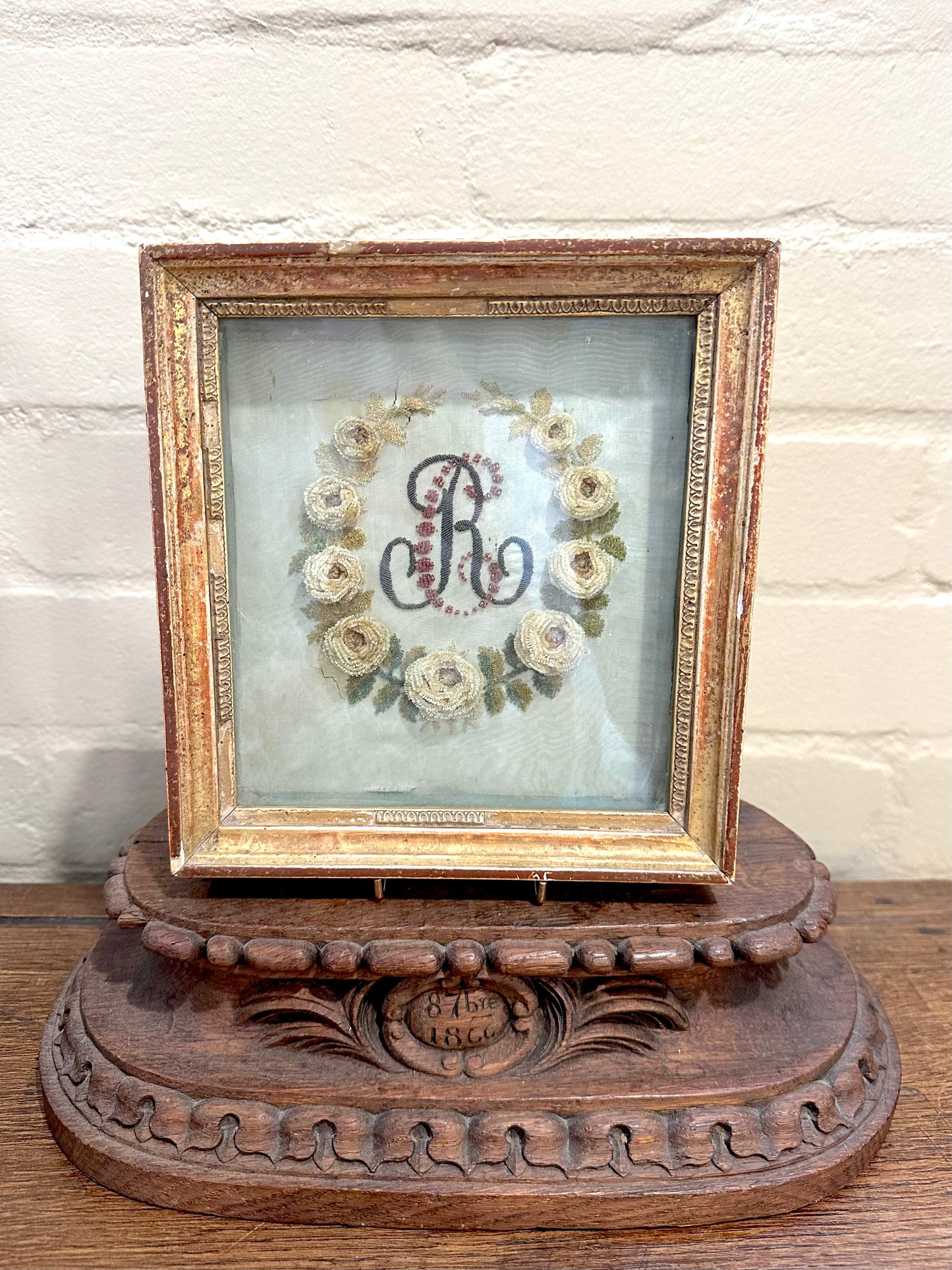 Antique French Delicate Monogram Embroidered Bead Work In Frame