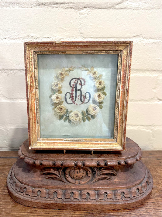 Antique French Delicate Monogram Embroidered Bead Work In Frame