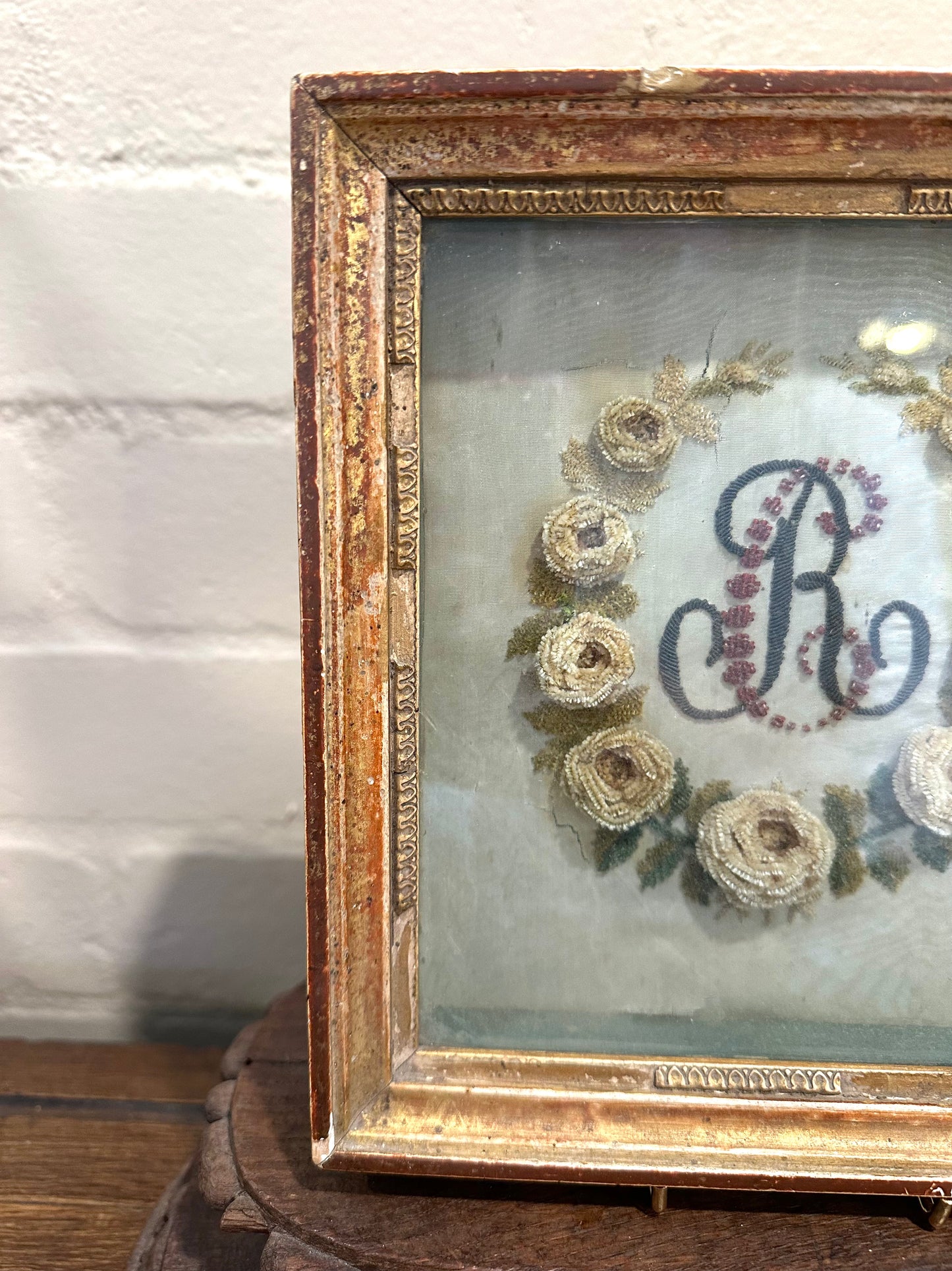Antique French Delicate Monogram Embroidered Bead Work In Frame