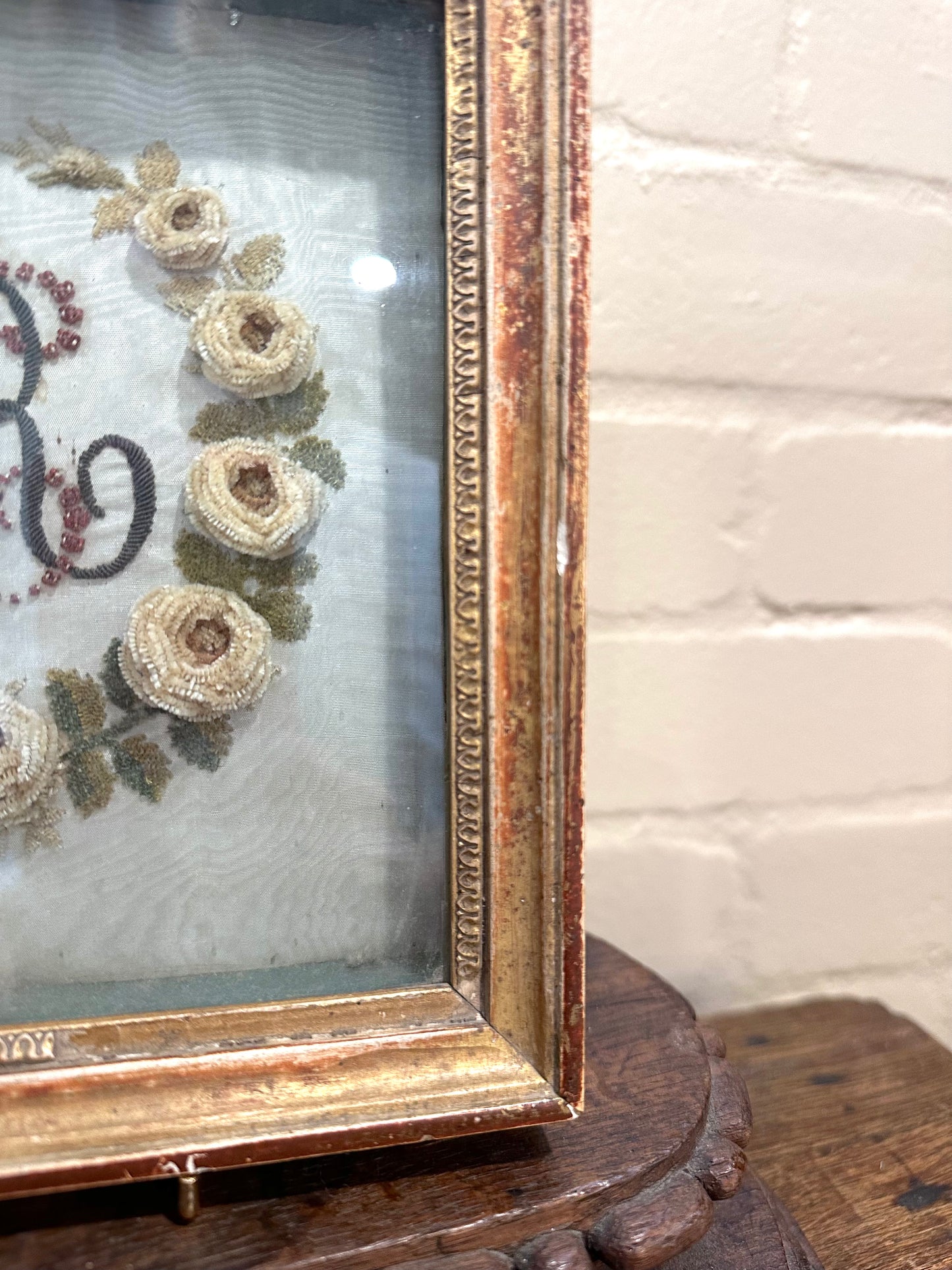 Antique French Delicate Monogram Embroidered Bead Work In Frame