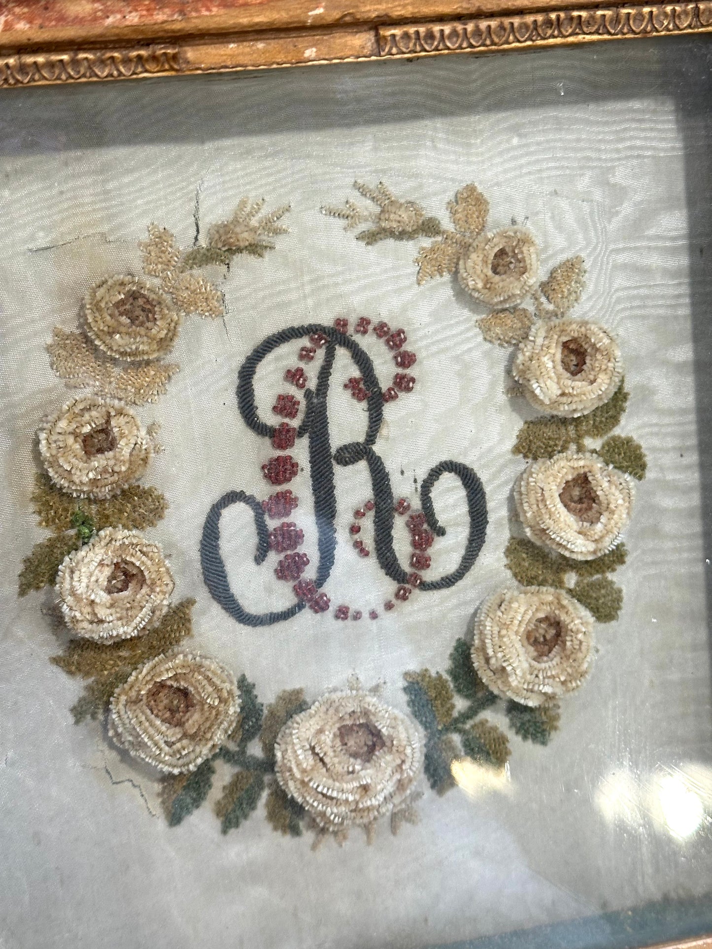 Antique French Delicate Monogram Embroidered Bead Work In Frame