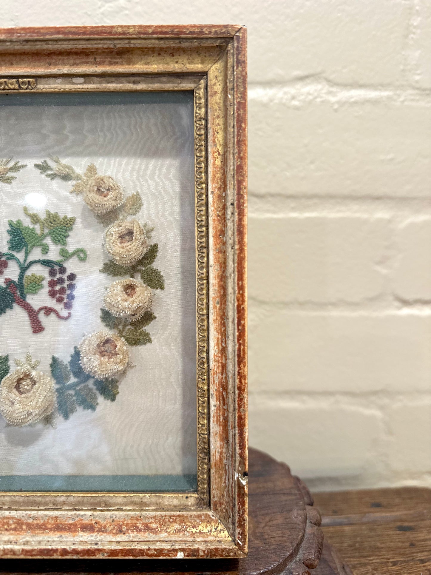 Antique French Delicate Grapevine Embroidered Bead Work In Frame