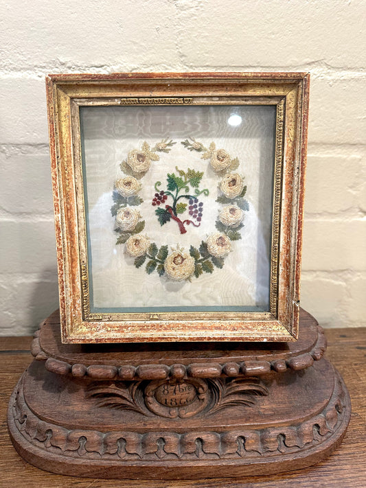 Antique French Delicate Grapevine Embroidered Bead Work In Frame