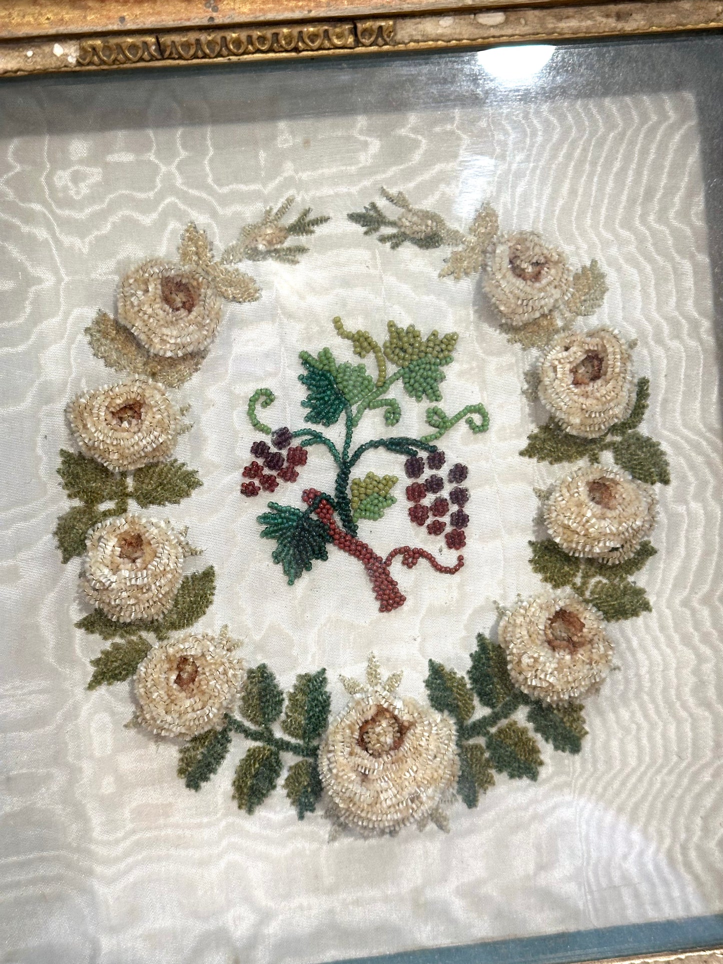 Antique French Delicate Grapevine Embroidered Bead Work In Frame