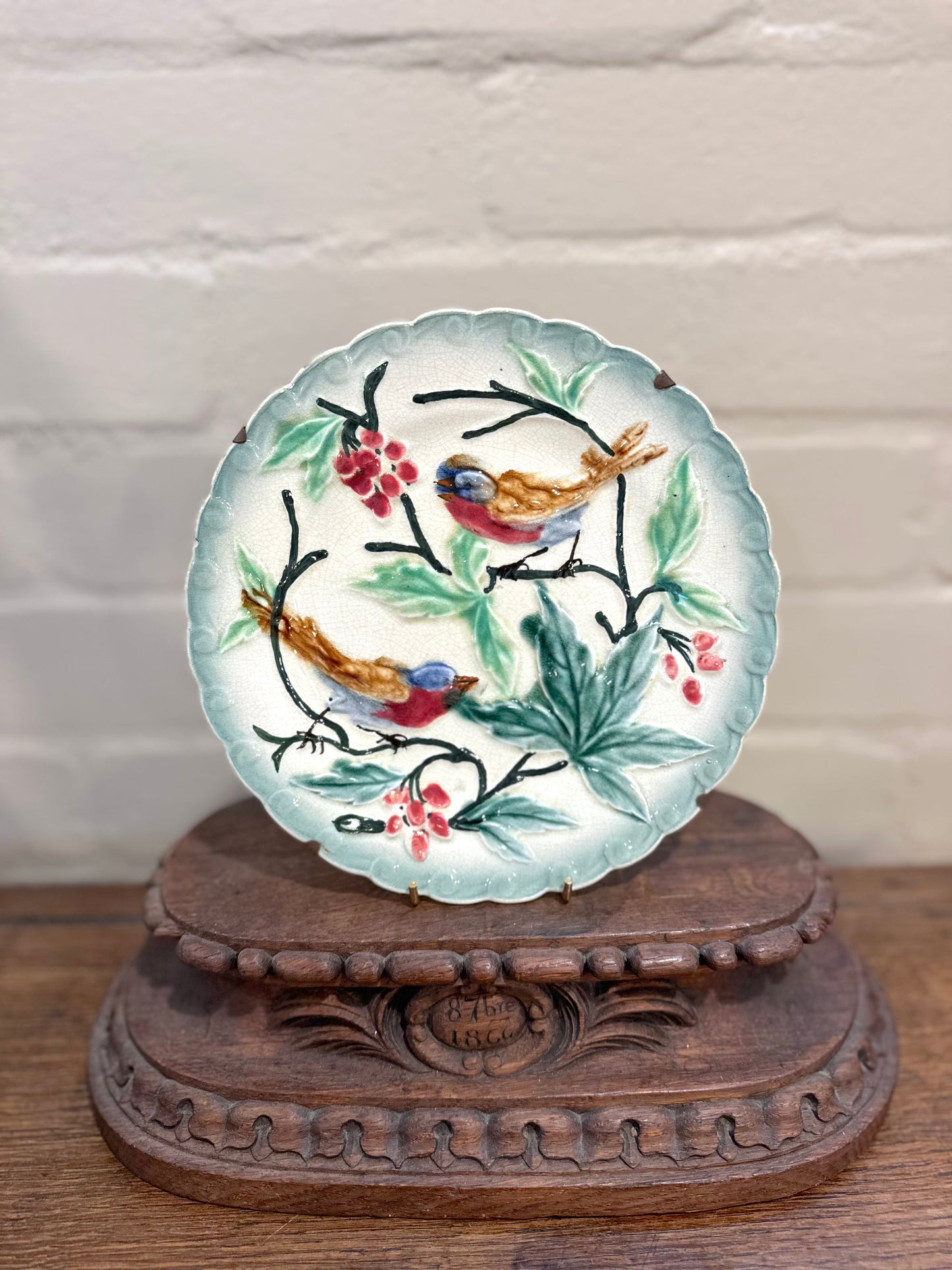 Antique French Majolica Bird And Branch Plate