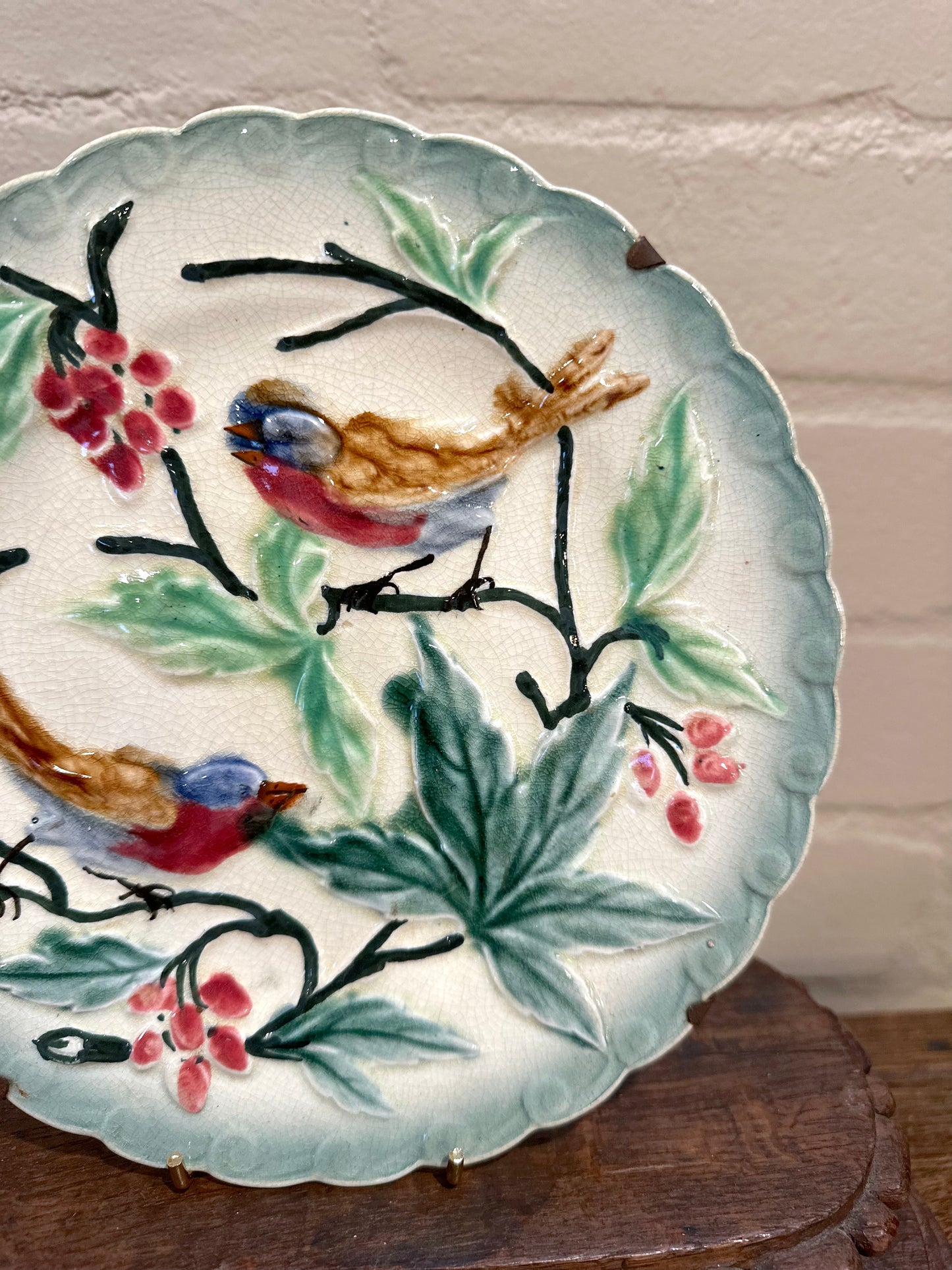 Antique French Majolica Bird And Branch Plate