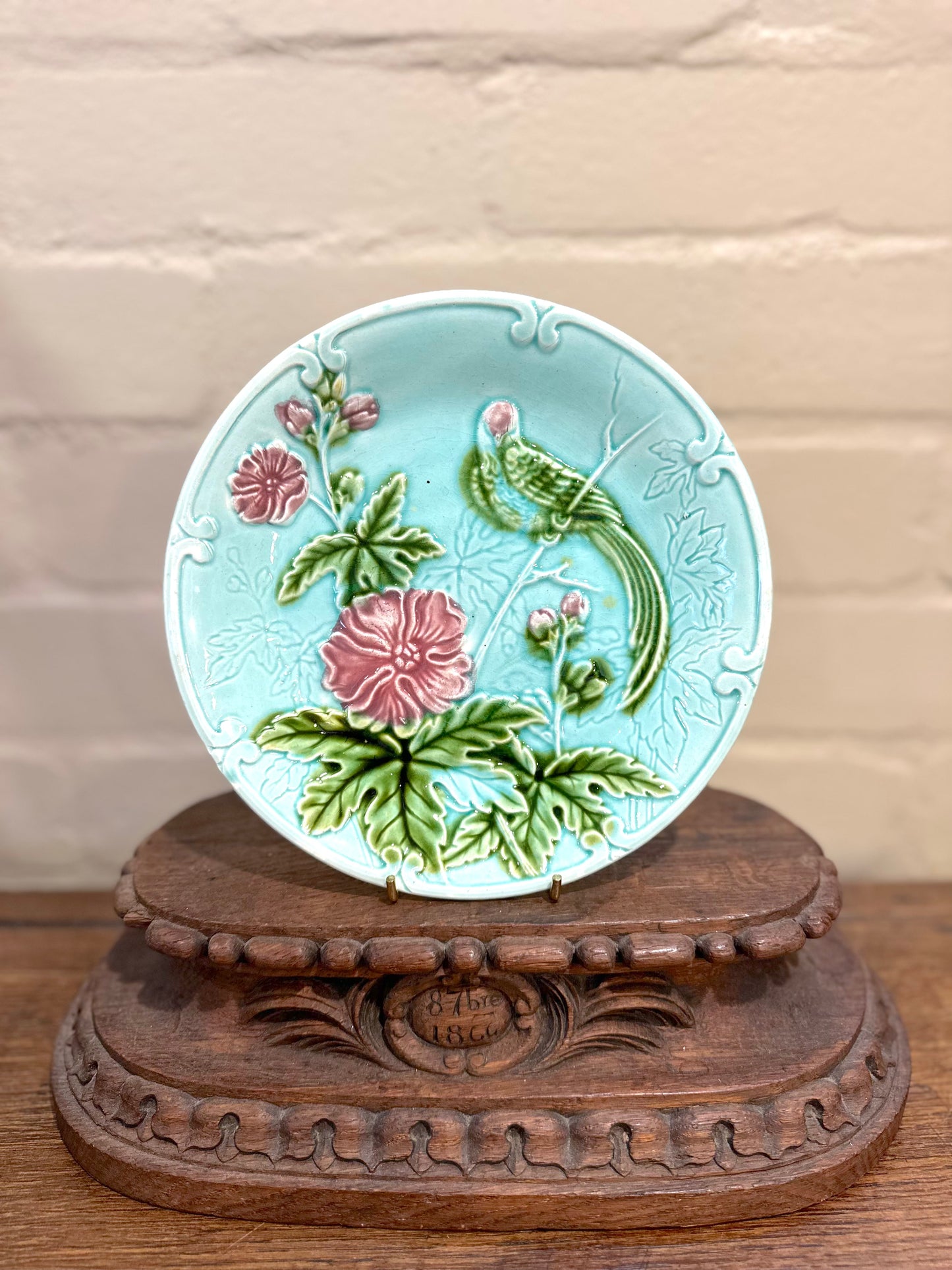 Antique French Majolica Blue Flower And Bird Plate