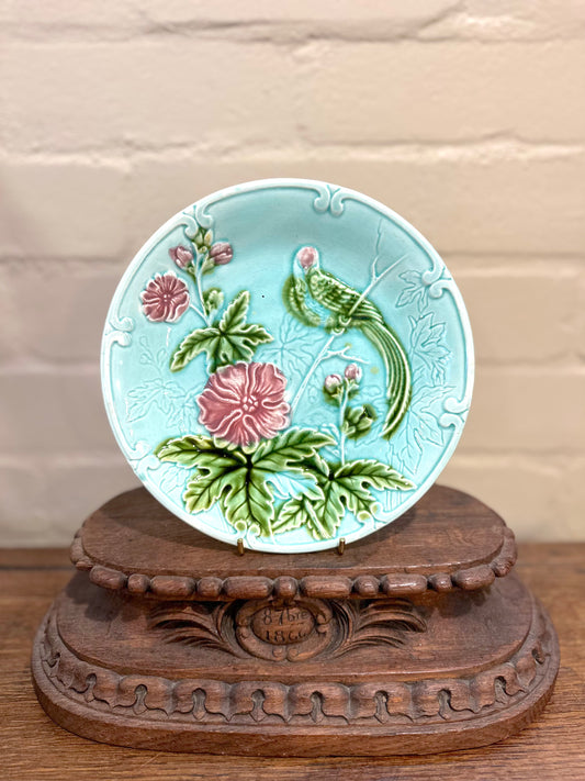 Antique French Majolica Blue Flower And Bird Plate