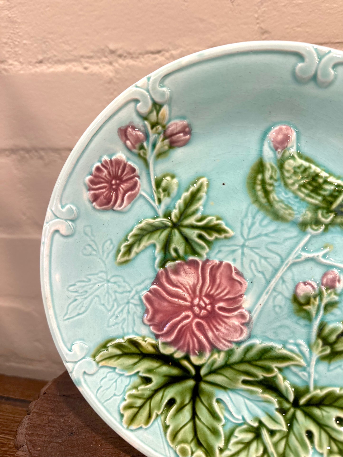 Antique French Majolica Blue Flower And Bird Plate