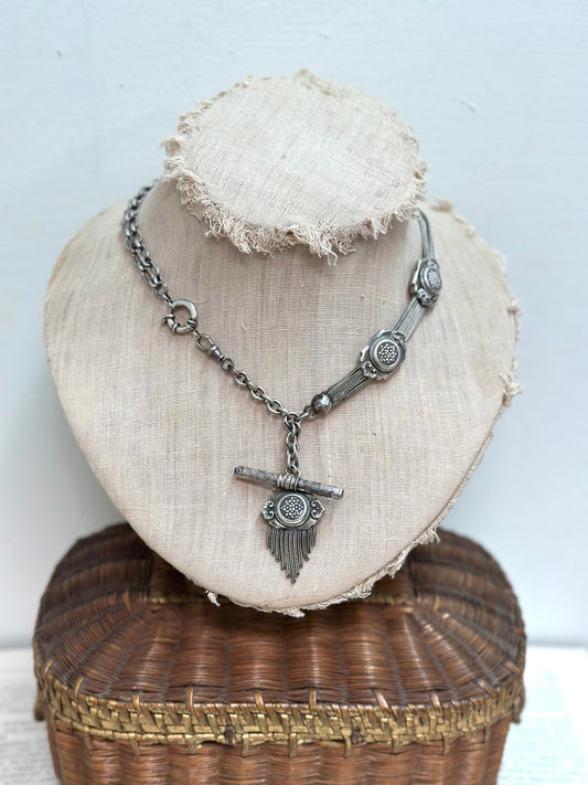 Antique French Watch Chain Necklace With Floral Fob Tassel