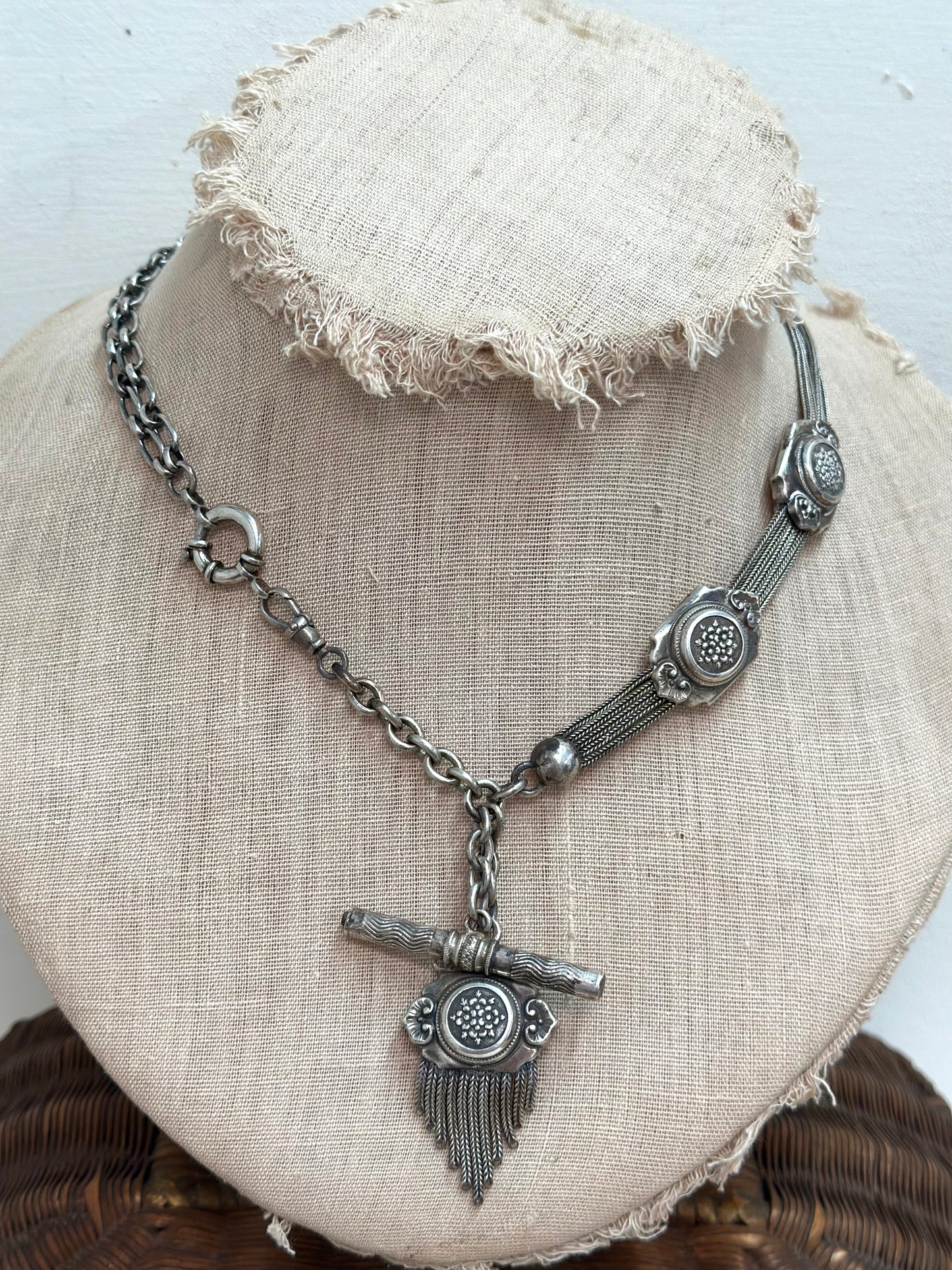 Antique French Watch Chain Necklace With Floral Fob Tassel