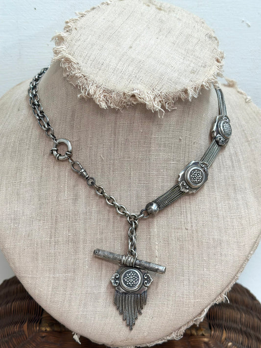 Antique French Watch Chain Necklace With Floral Fob Tassel
