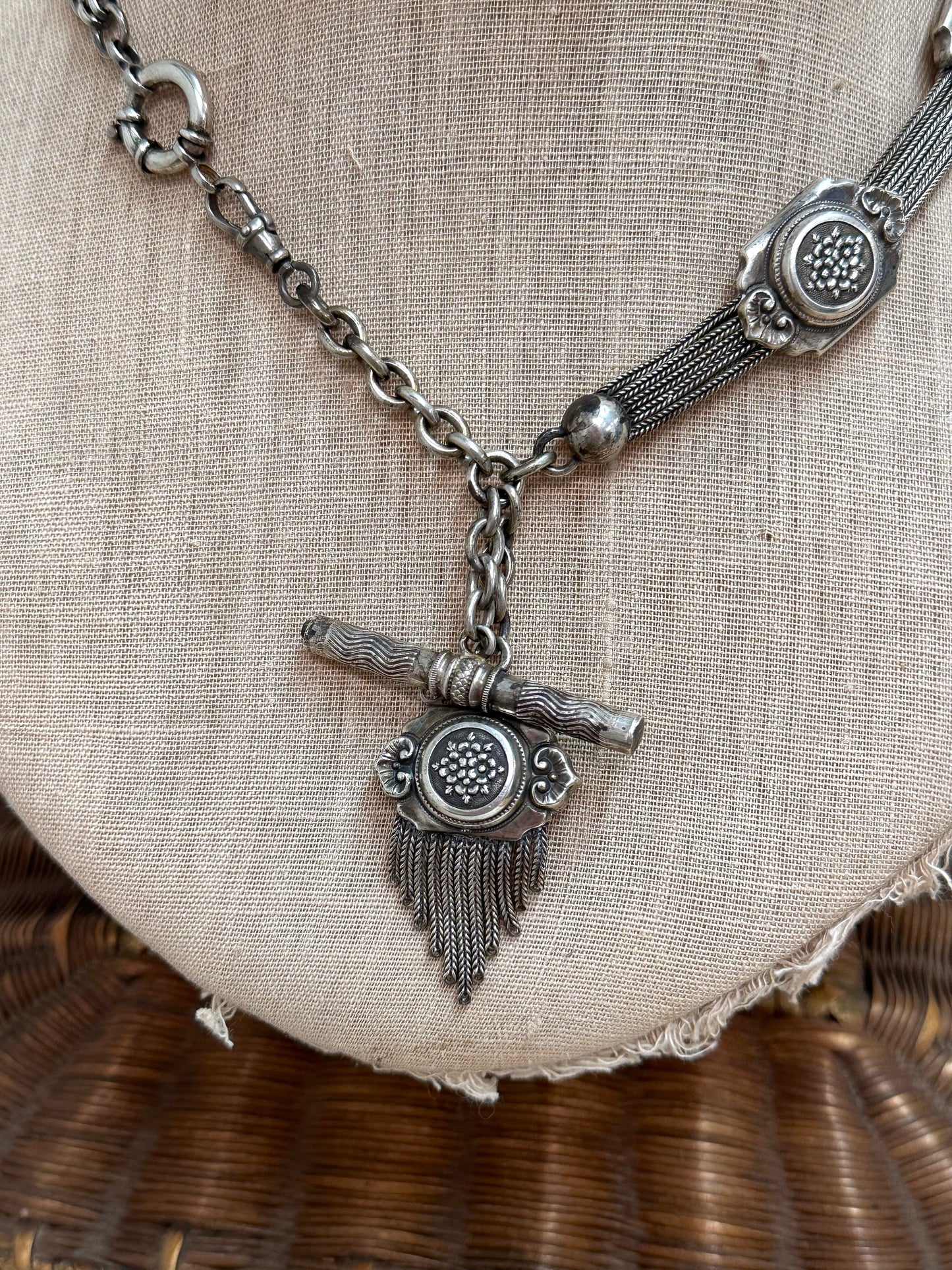 Antique French Watch Chain Necklace With Floral Fob Tassel