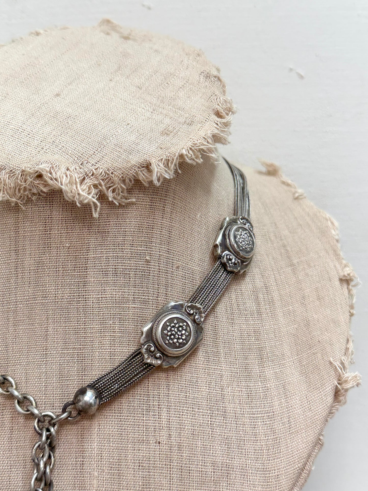 Antique French Watch Chain Necklace With Floral Fob Tassel