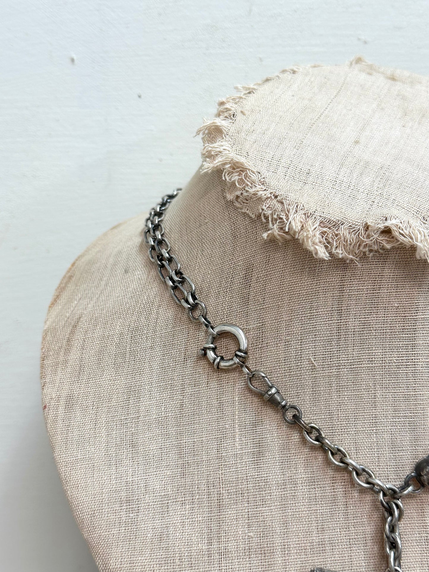 Antique French Watch Chain Necklace With Floral Fob Tassel