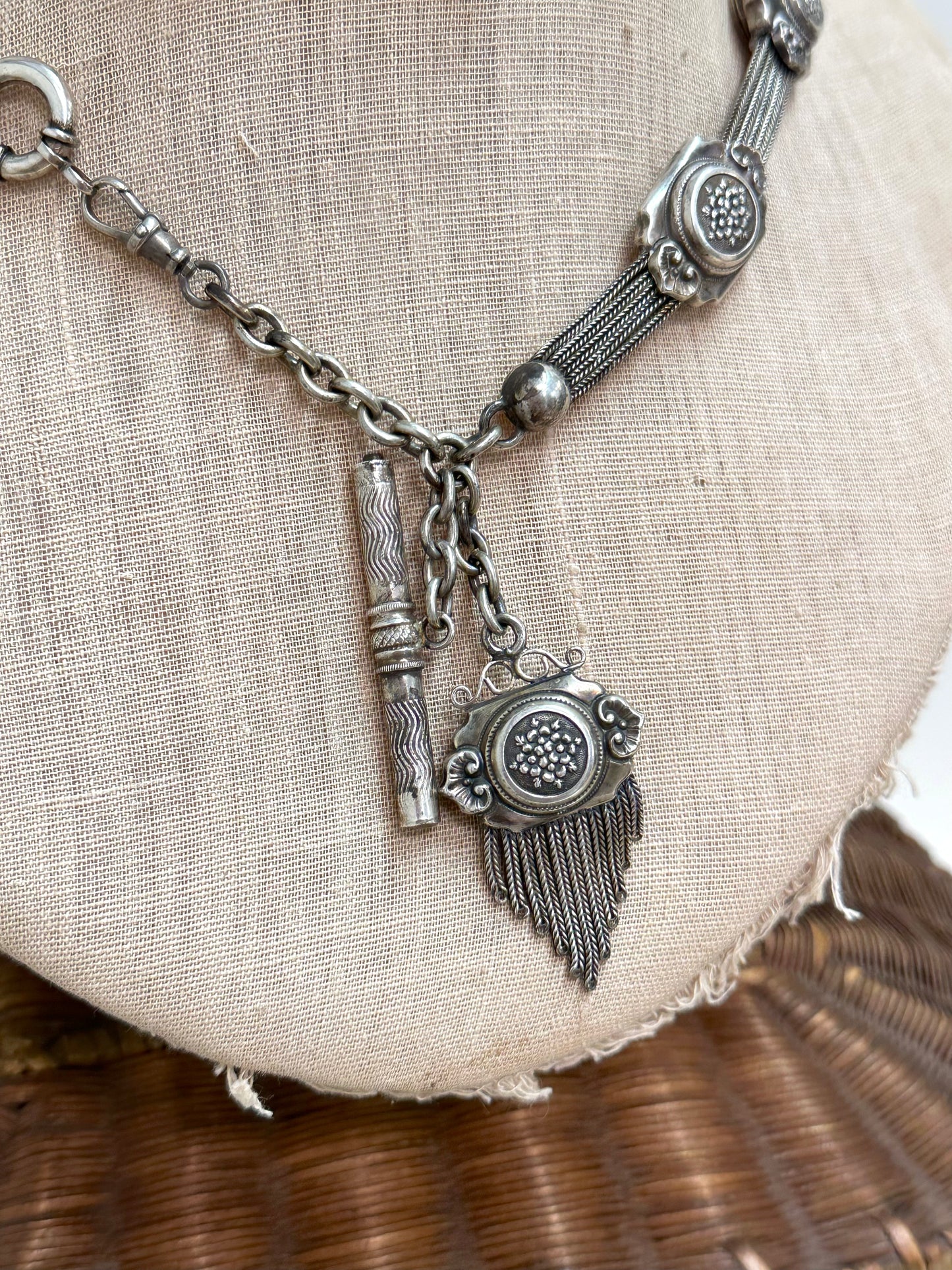 Antique French Watch Chain Necklace With Floral Fob Tassel