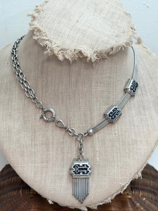 Antique French Necklace With Enamel Key And Tassel Fob